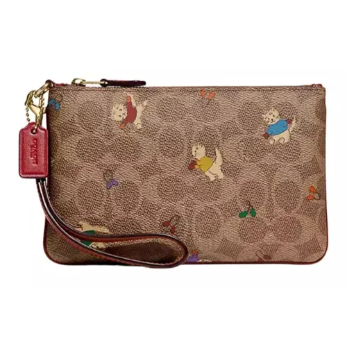 COACH jackets Iconic Jacquard With Exquisite Calfskin Wrist Bags Clutches Small Size Women's Brown
