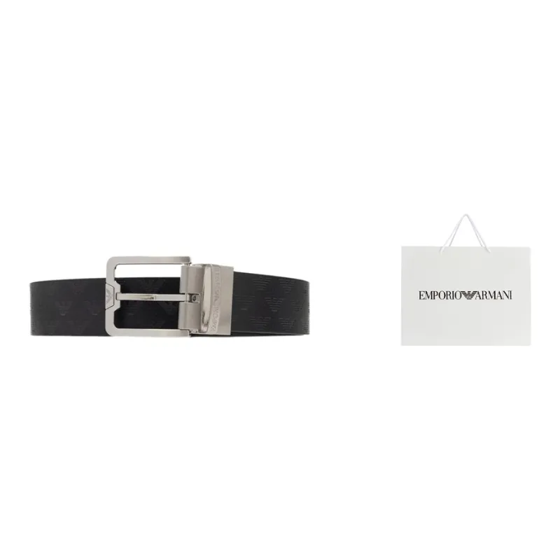 EMPORIO ARMANI Logo Print Business Leather Belts Men's Black Width 3.3cm-4