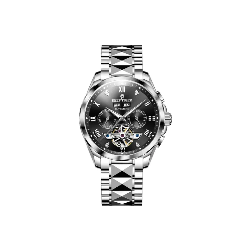 REEF TIGER Automatic Mechanical Movement Tungsten Steel Strap Watch Men's Watches Silver Dial-5