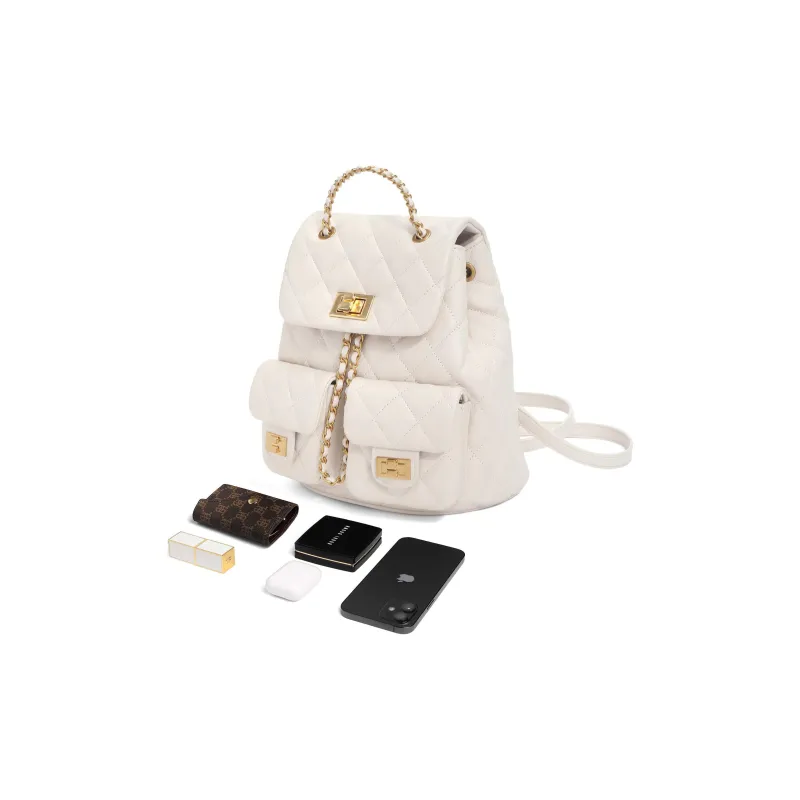 BELLE Sheepskin Backpack Chain Bag Medium Size Women's Beige, Black-4