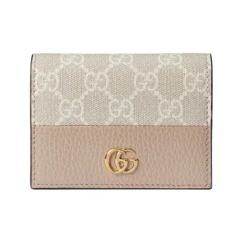 GUCCI GG Marmont Canvas With Leather Card Holder Women's Beige & White