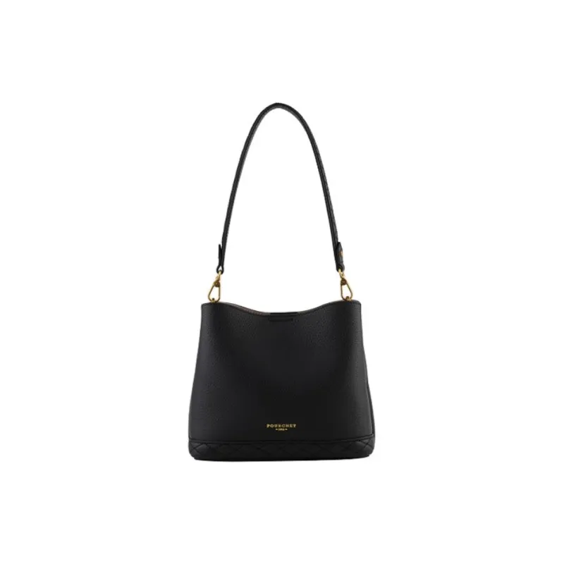 POURCHET Cow Leather Bucket Bags Shoulder Bag Crossbody Bag Medium Size Women's Black/Elephant Gray/Sand Yellow-0