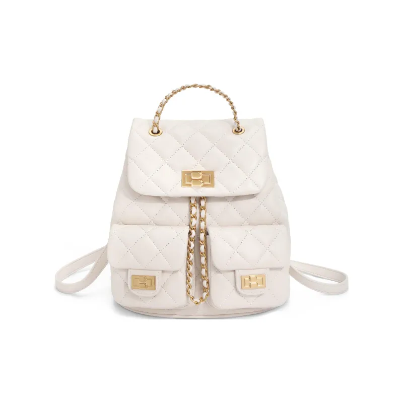 BELLE Sheepskin Backpack Chain Bag Medium Size Women's Beige, Black-0