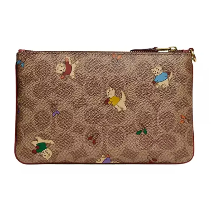 COACH Wristlet Iconic Jacquard With Exquisite Calfskin Wrist Bags Clutches Small Size Women's Brown-1