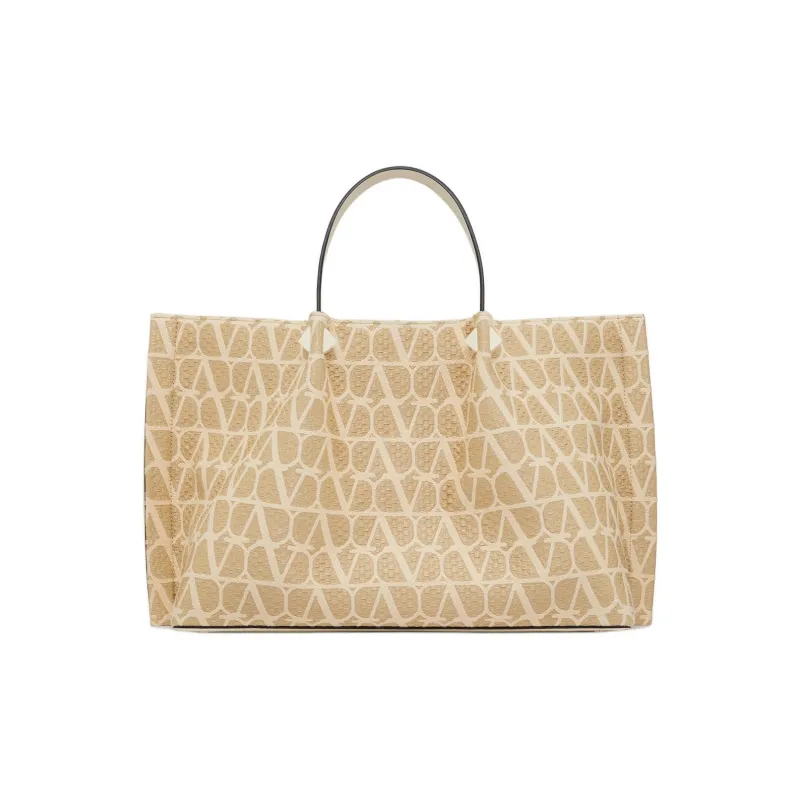 Valentino Raffia Tote Bag Shopping Bag Handbag Medium Size Women's Natural Composite Ivory White-3