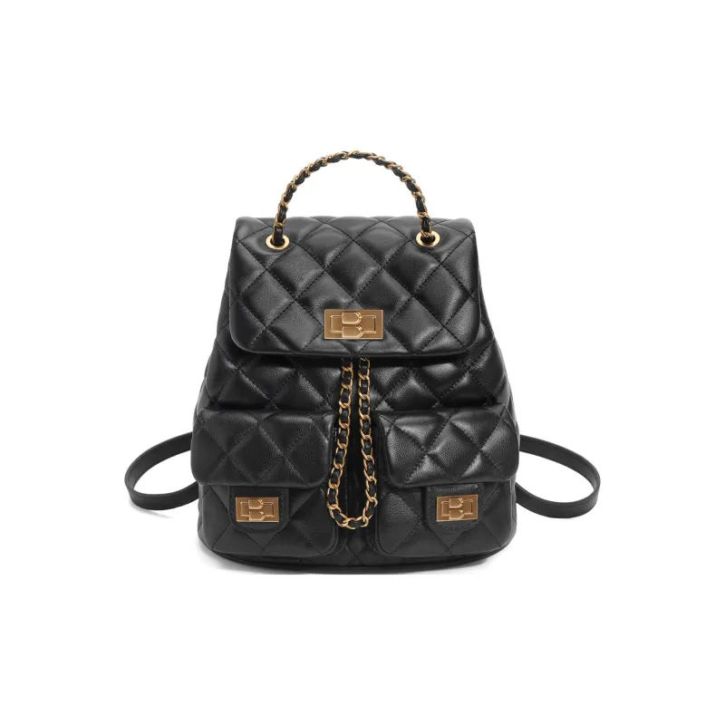BELLE Sheepskin Backpack Chain Bag Medium Size Women's Beige, Black-6