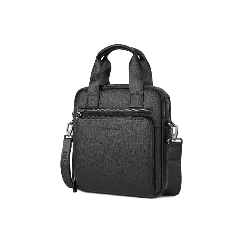 BISON DENIM Top Grain Cow Leather Shoulder Bag Crossbody Bag Men's Black-1