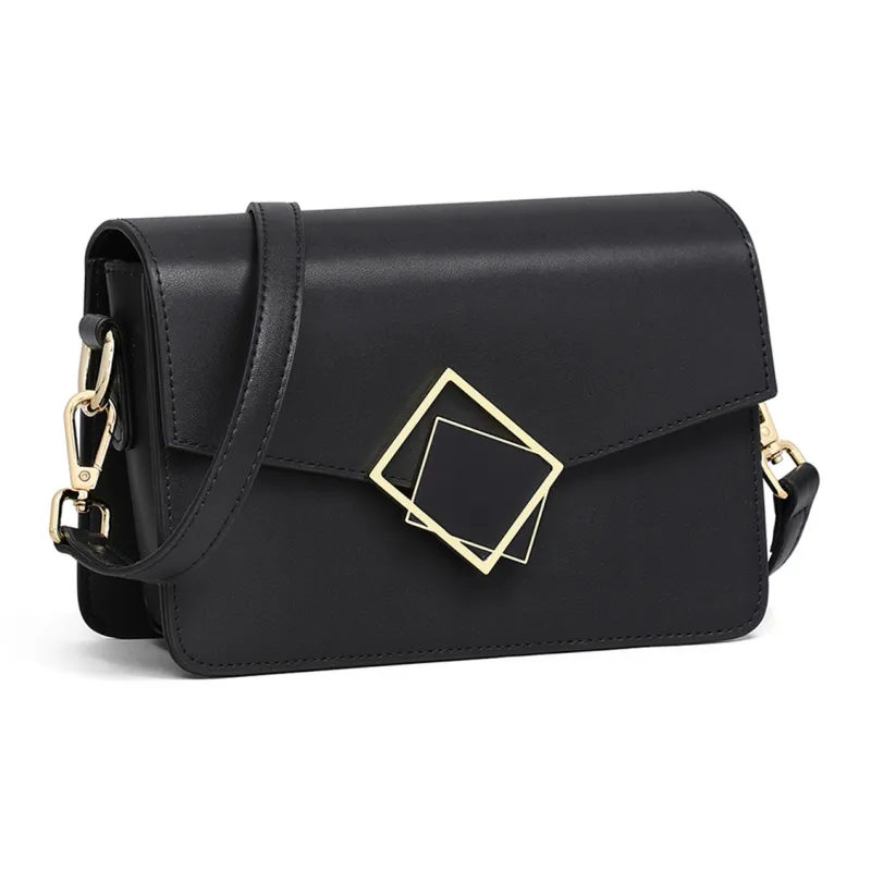 COMELY Cow Leather Patchwork Synthetic Leather Crossbody Bag Small Square Bag Small Size Women's Black-2