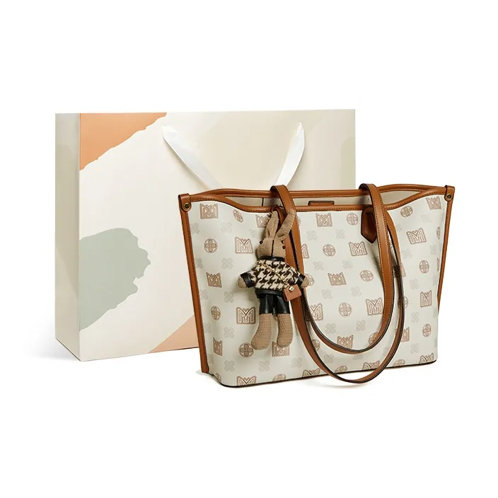 15 MINS PVC Shoulder Bag Handbag Shopping Bag Large Size Women's Coffee/Ecru-6