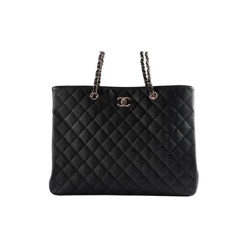 CHANEL Grain Calfskin With Caviar Cow Leather Tote Bag, Shopping Bag, Handbag, Shoulder Bag Unisex Black-0