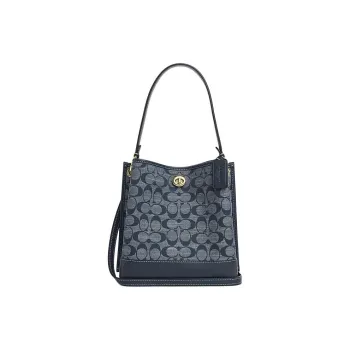 COACH Charlie Fabric Cow Leather Patchwork Bucket Bags Shoulder Bag Crossbody Bag Small Size Women's Denim