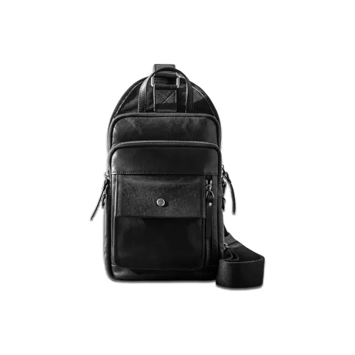 Back Step Cow Leather Cell Phone Pouch Sling Bag Unisex Black
