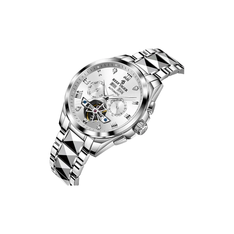REEF TIGER Automatic Mechanical Movement Tungsten Steel Strap Watch Men's Watches Silver Dial-2