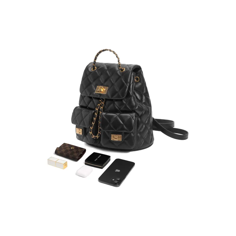 BELLE Sheepskin Backpack Chain Bag Medium Size Women's Beige, Black-8