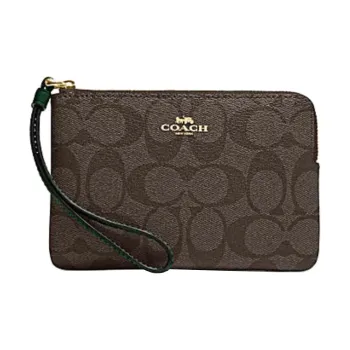 COACH Corner Zip PVC Wallet Wrist Bag Clutch Small Size Women's Brown & Dark Pine Wood Color