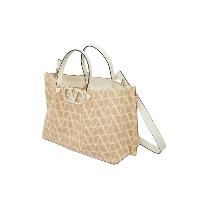 Valentino Raffia Tote Bag Shopping Bag Handbag Medium Size Women's Natural Composite Ivory White-2