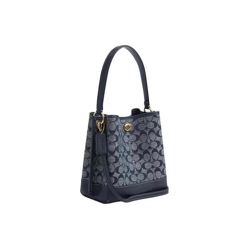 COACH Charlie Fabric Cow Leather Patchwork Bucket Bags Shoulder Bag Crossbody Bag Small Size Women's Denim-1