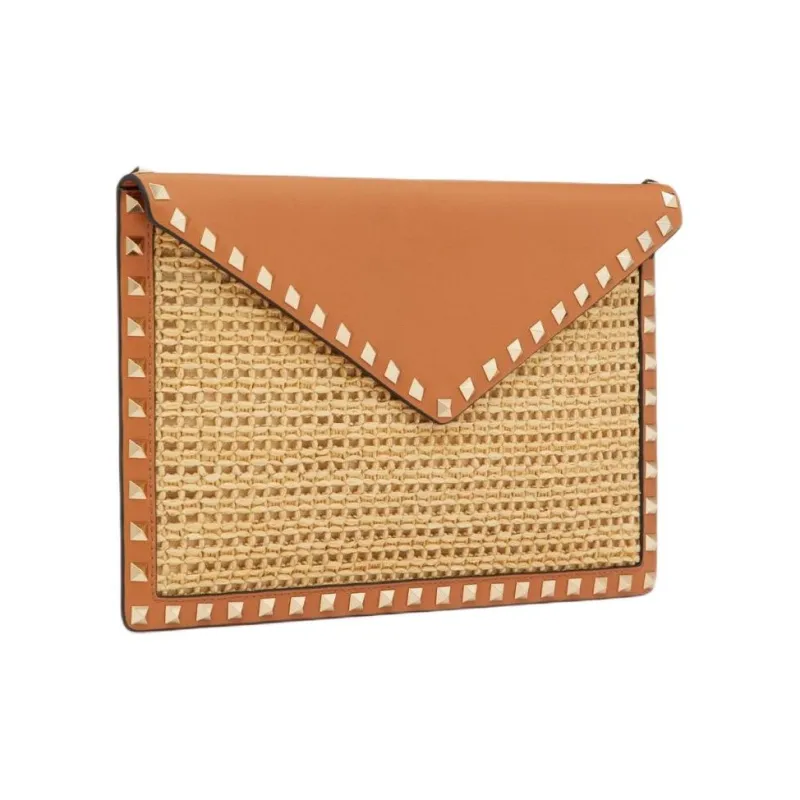 Valentino Raffia Clutch Women's Natural Color Stacked Almonds-1