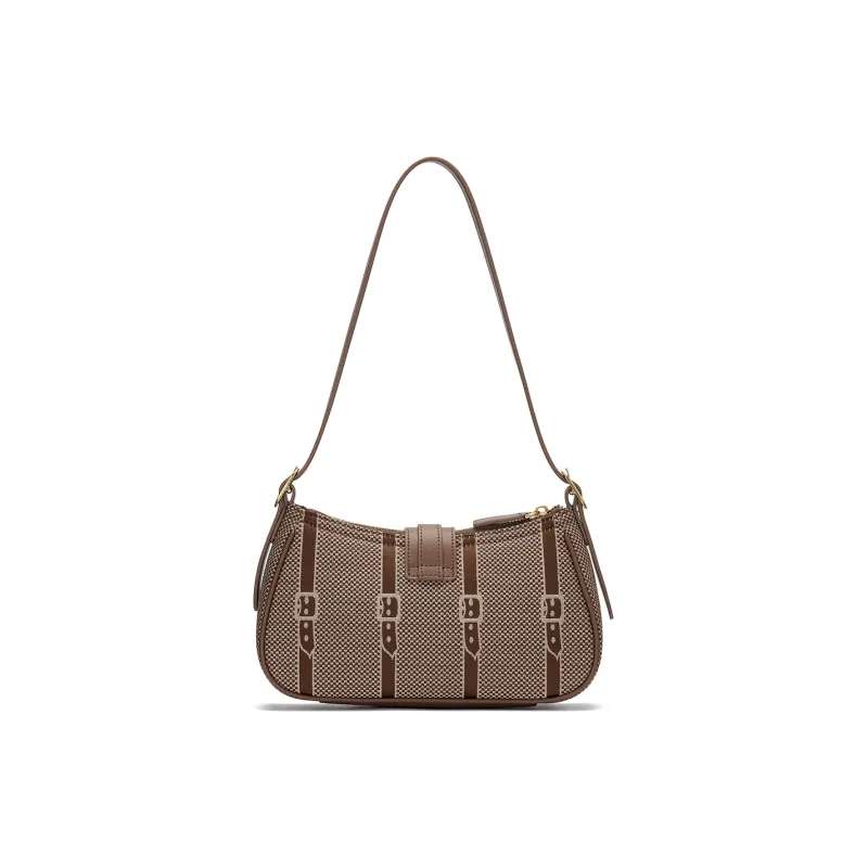 ROBERTA DI CAMERINO Fabric With Cow Leather Shoulder Bag Crossbody Bag Baguette Bag Medium Size Women's Coffee-2