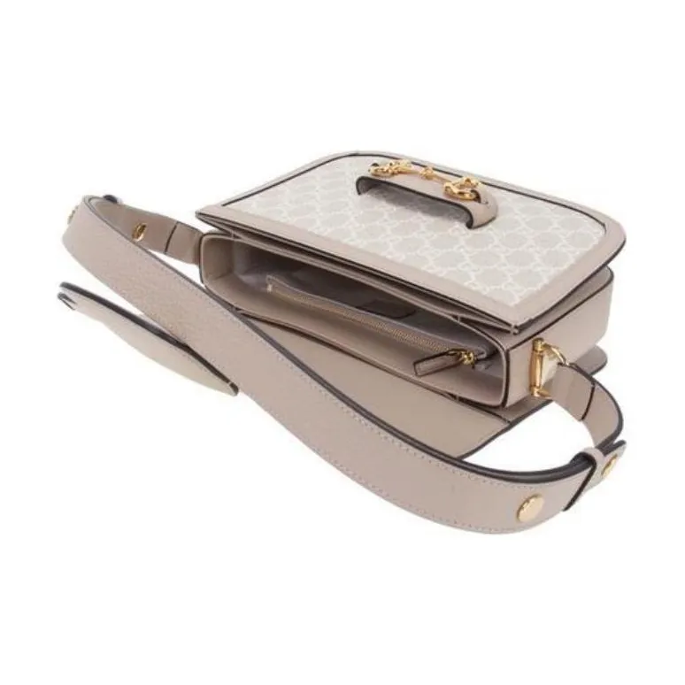 GUCCI Horsebit 1955 Canvas With Leather Saddle Bag Handbag Shoulder Bag Crossbody Bag Small Size Unisex Beige/White-3