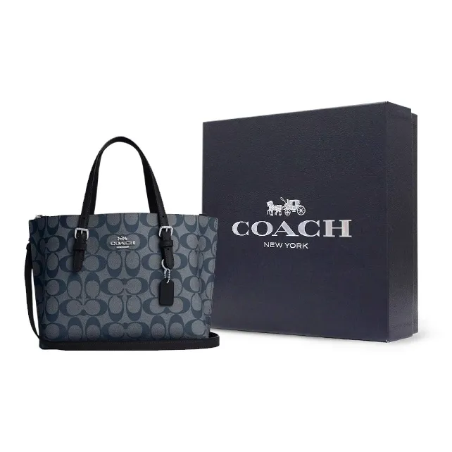 COACH Mollie Coated Canvas With Leather Tote Bag Shopping Bag Handbags Medium Size Women's Silver Denim Midnight Navy-6