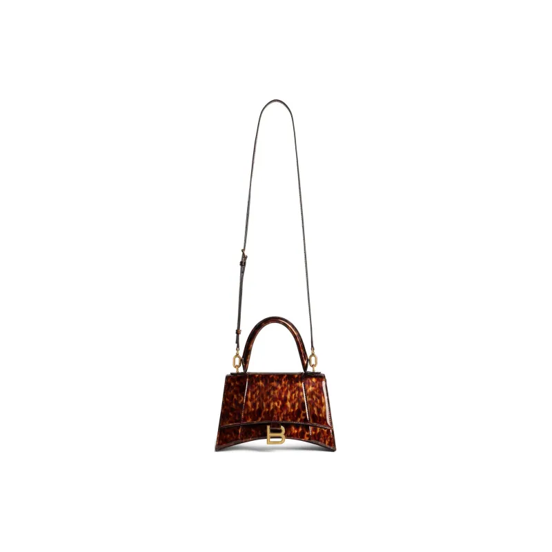 Balenciaga Hourglass Turtle Shell Pattern Print Cow Leather Shoulder Bag Crossbody Bag Handbag Small Size Women's Brown-4