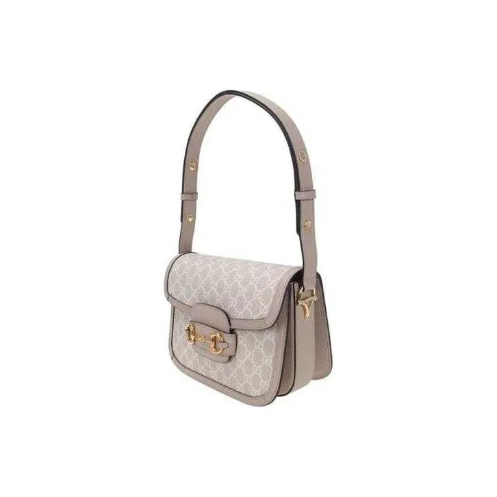 GUCCI Horsebit 1955 Canvas With Leather Saddle Bag Handbag Shoulder Bag Crossbody Bag Small Size Unisex Beige/White-1