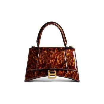 Balenciaga Hourglass Turtle Shell Pattern Print Cow Leather Shoulder Bag Crossbody Bag Handbag Small Size Women's Brown