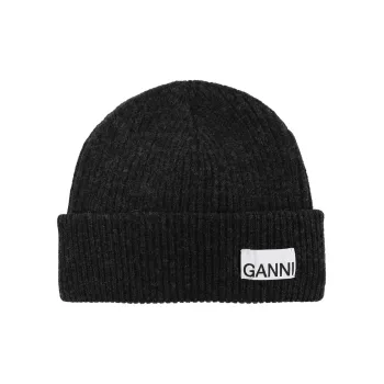 GANNI Logo Patch Rib Knitted Beanie