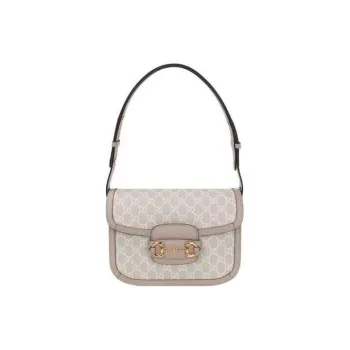 GUCCI Horsebit 1955 Canvas With Leather Saddle Bag Handbag Shoulder Bag Crossbody Bag Small Size Unisex Beige/White