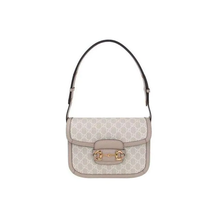 GUCCI Horsebit 1955 Canvas With Leather Saddle Bag Handbag Shoulder Bag Crossbody Bag Small Size Unisex Beige/White-0