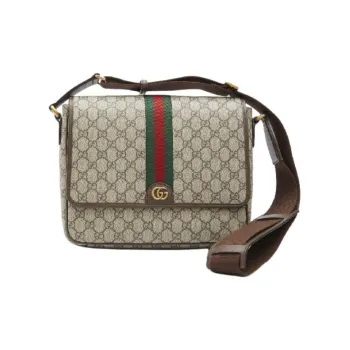 GUCCI Ophidia Canvas With Leather Messenger Bag Shoulder Bag Crossbody Bag Medium Size Men's Beige & Ebony