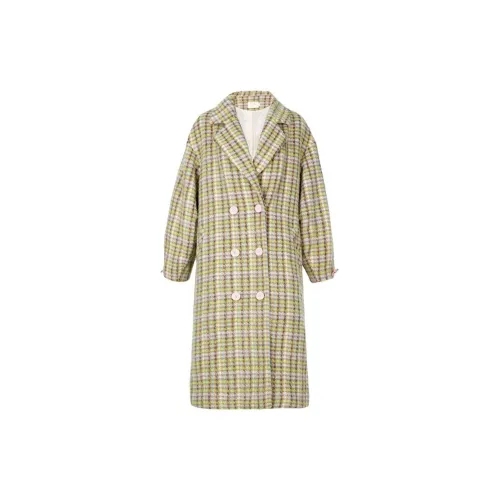 GUO JINGYI Coats Women's Green Purple Plaid