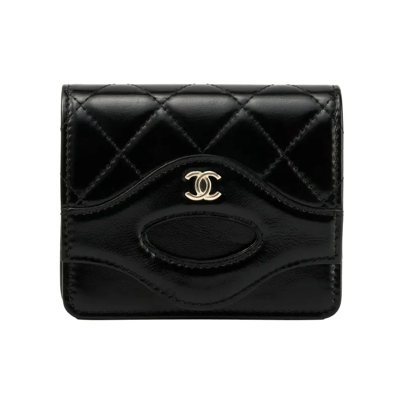 CHANEL Shiny Calfskin Coin Purse, Card Holder Women's Black-0