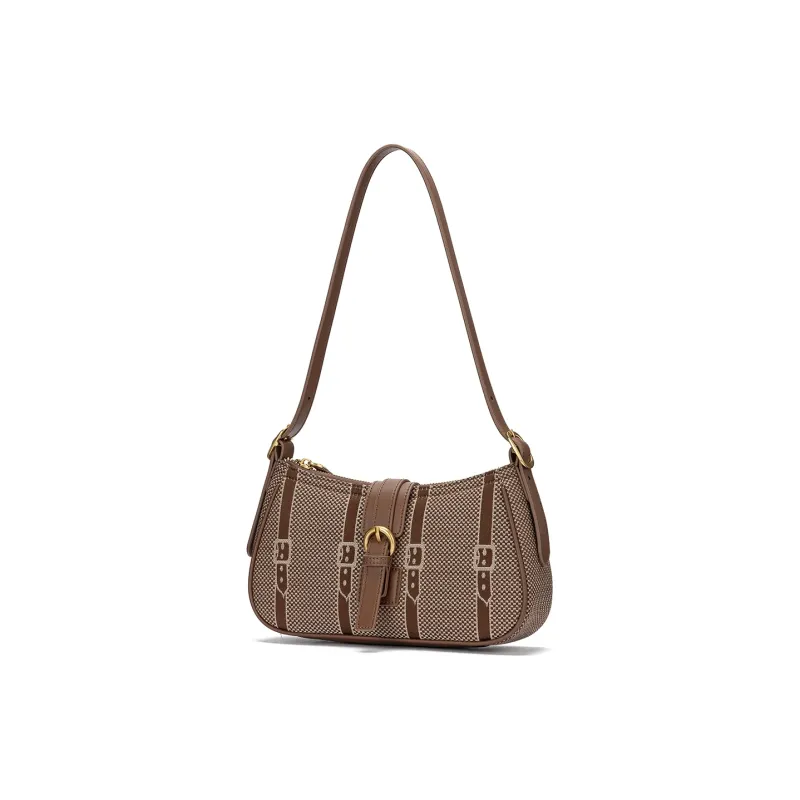 ROBERTA DI CAMERINO Fabric With Cow Leather Shoulder Bag Crossbody Bag Baguette Bag Medium Size Women's Coffee-1