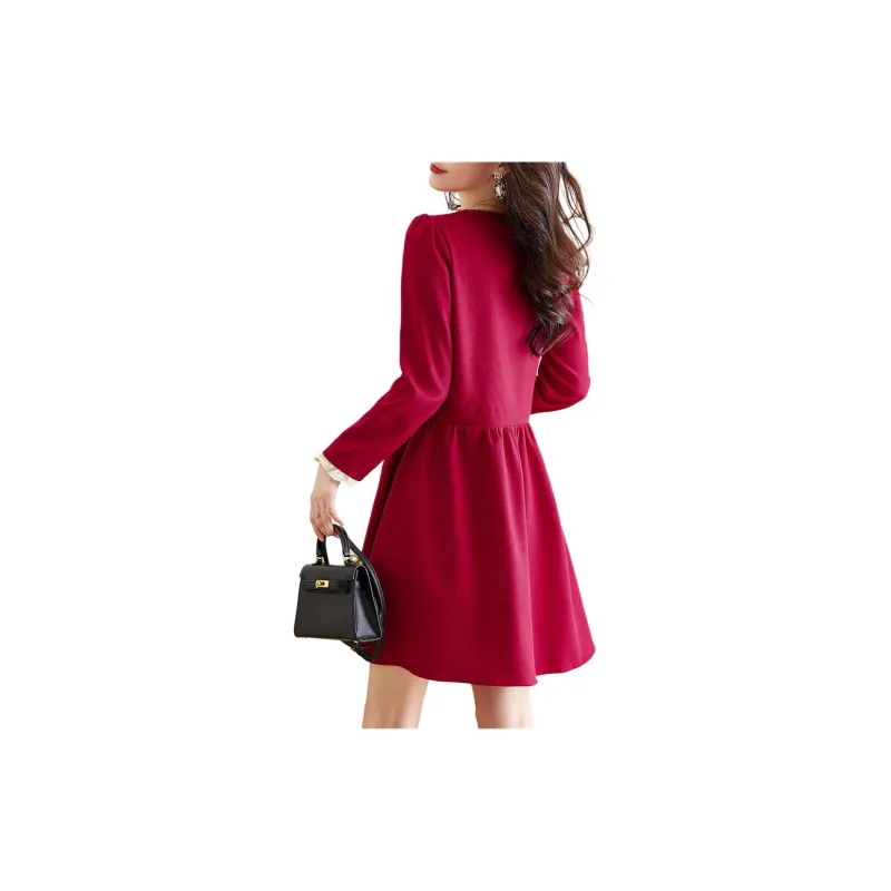 Still Quiet Long Sleeved Dress Women's Red-1
