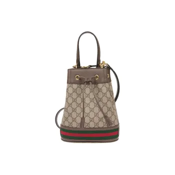 GUCCI Ophidia Canvas With Leather Drawstring Bucket Bag Crossbody Handbag Shoulder Bag Small Size Women's Ebony/Brown
