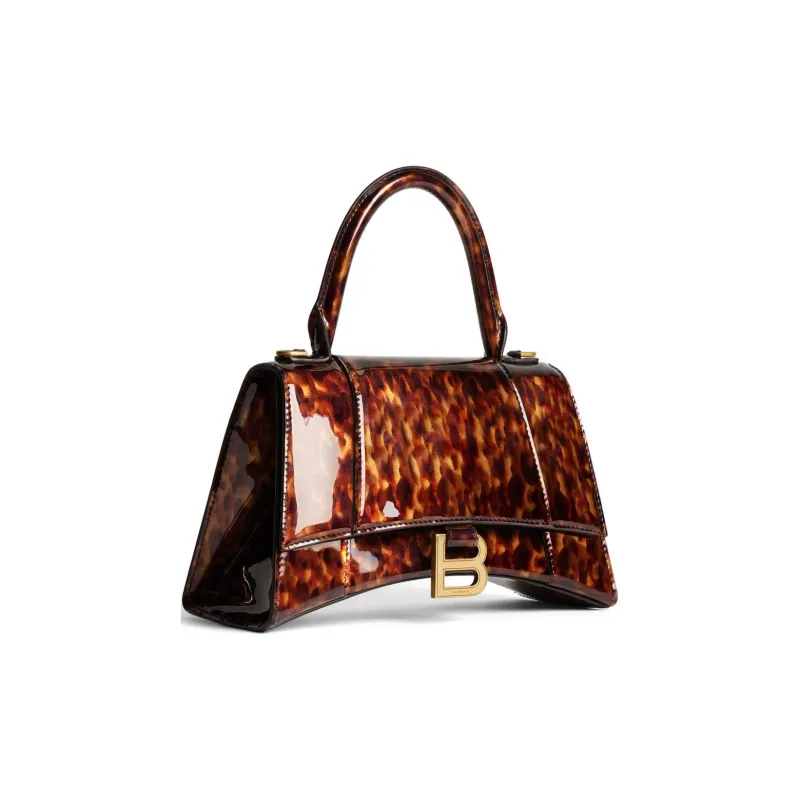 Balenciaga Hourglass Turtle Shell Pattern Print Cow Leather Shoulder Bag Crossbody Bag Handbag Small Size Women's Brown-1