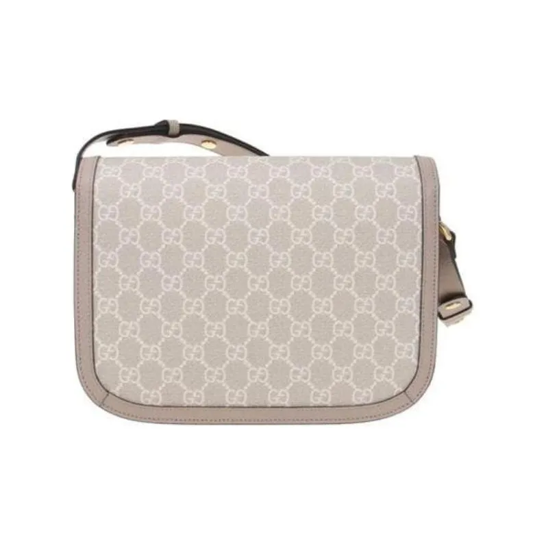 GUCCI Horsebit 1955 Canvas With Leather Saddle Bag Handbag Shoulder Bag Crossbody Bag Small Size Unisex Beige/White-2