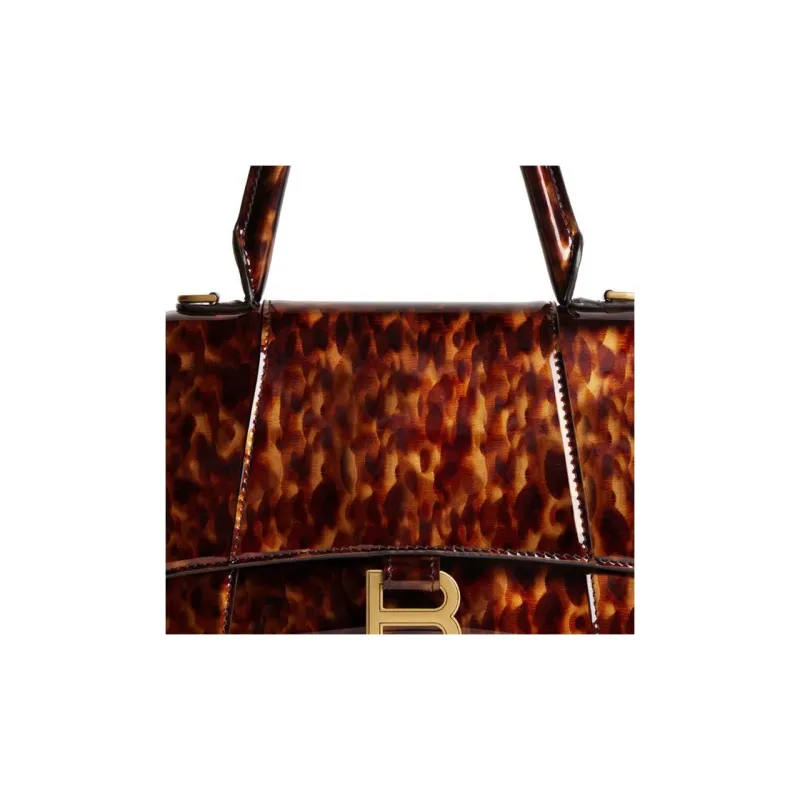 Balenciaga Hourglass Turtle Shell Pattern Print Cow Leather Shoulder Bag Crossbody Bag Handbag Small Size Women's Brown-5