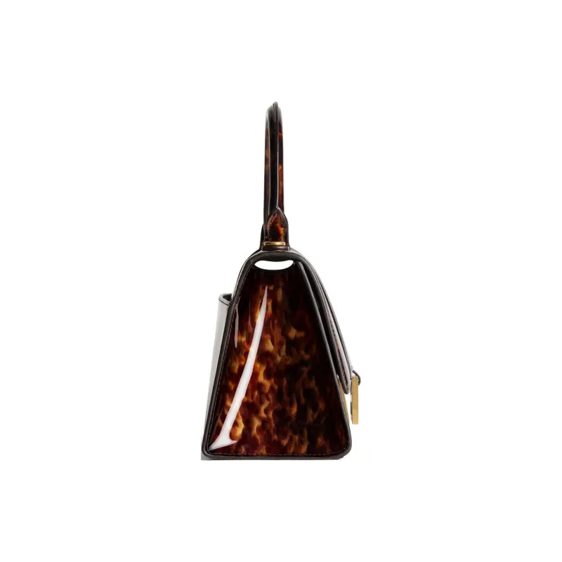Balenciaga Hourglass Turtle Shell Pattern Print Cow Leather Shoulder Bag Crossbody Bag Handbag Small Size Women's Brown-2