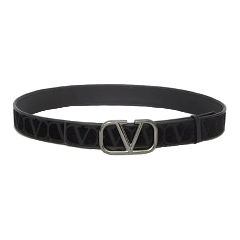 Valentino Letter Logo Smooth Buckle Leather Belts Men's Black-0