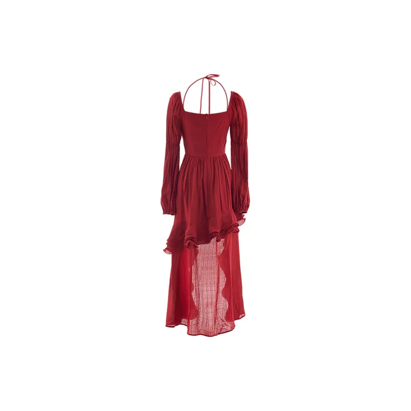 Blovelan Long Sleeved Dress Women's Dark Red-1