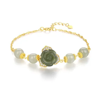 Olampe S925 Silver Hetian Jade Bracelets Women's Pale Greenish-White Jade