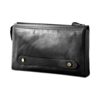 Back Step Top Grain Cow Leather Genuine Leather Handheld Bag Clutch Small Size Unisex Black