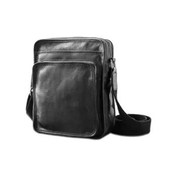 Back Step Top Grain Vegetable Tanned Cow Leather Shoulder Bag Crossbody Messenger Bag Regular Unisex Black