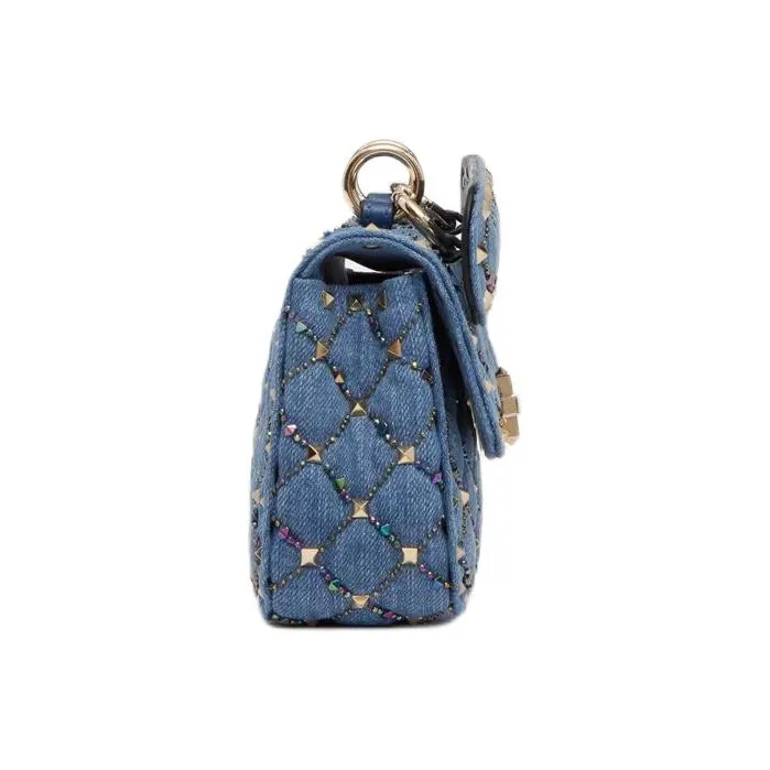 Valentino Rockstud Embroidered Denim Shoulder Bag Crossbody Bag Small Size Women's Blue-2