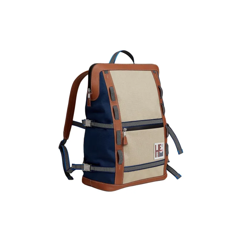 HERMES Canvas With Regate Taurillon Leather Backpack Unisex Light Tawny Patchwork Blue-1
