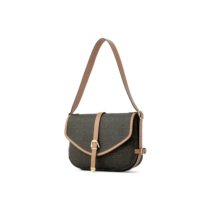 FION Artificial Leather Saddle Bag, Shoulder Bag Medium Size Women's Coffee-1