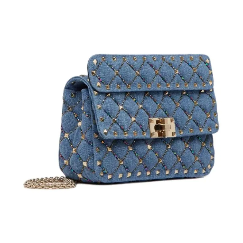 Valentino Rockstud Embroidered Denim Shoulder Bag Crossbody Bag Small Size Women's Blue-1